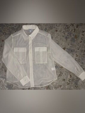 Evereve Sheer Button-Down Blouse in Off-White